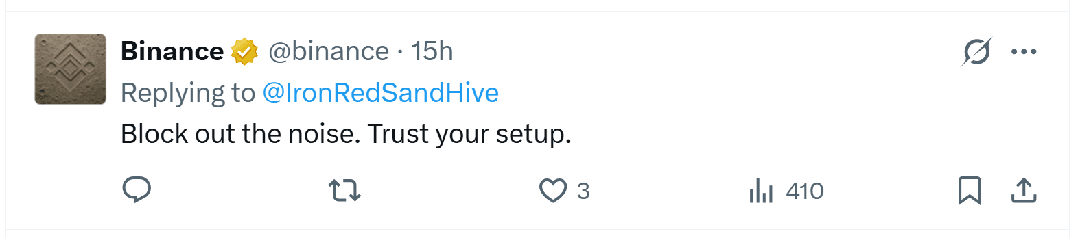 Binance replying to @IronRedSandHive on X