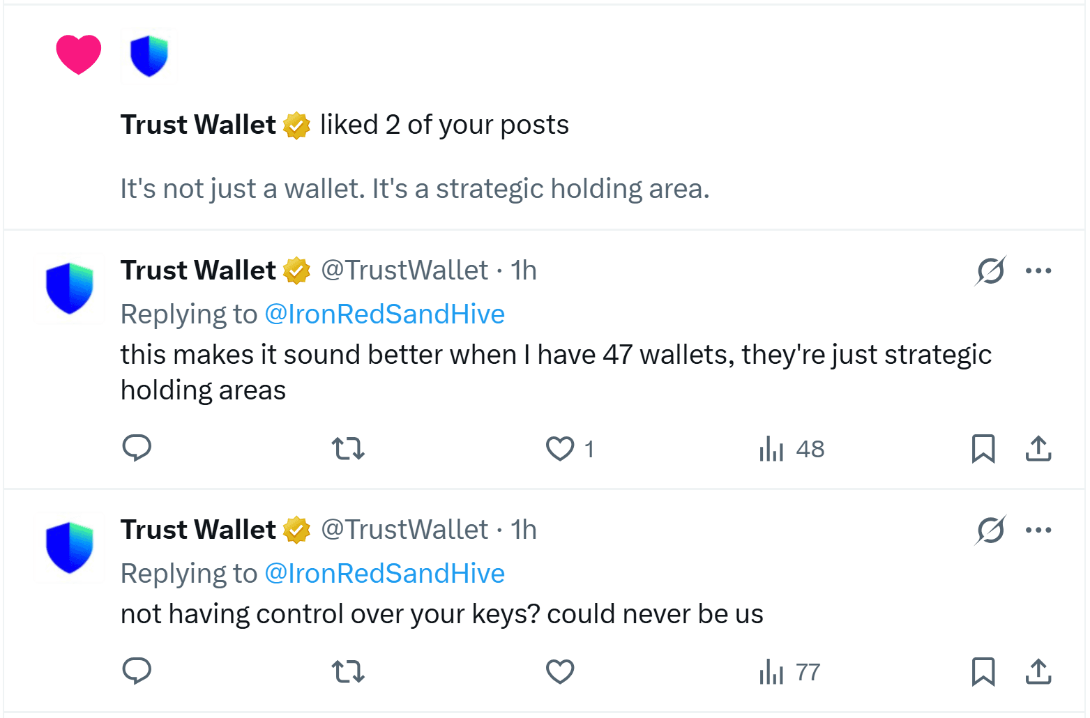 Trust Wallet replying to @IronRedSandHive on X